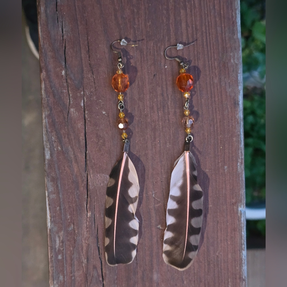 New! Feather Drop Earrings Brass Amber Tone Beads Hand crafted Boho Native Made
